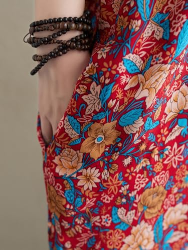 Image of Summer Floral Plus Size Dresses for Women V Neck Casual Loose Dress with Side Pockets