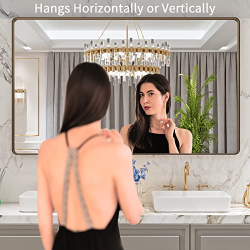 LOAAO 60”X36” Bronze Bathroom Mirrors for Vanity, Rounded Rectangle Brushed Bronze Metal Frame Mirror, Anti-Rust, Tempered Glass, Hangs Horizontally or Vertically