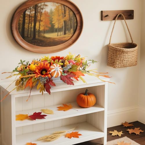 Image of Fall Centerpieces for Tables 28 inch Fall Table Centerpiece for Dining Table | Autumn Thanksgiving Table Centerpieces with Sunflowers,Pumpkins & Maple Leaves for Dining Room,Kitchen Table Decorations