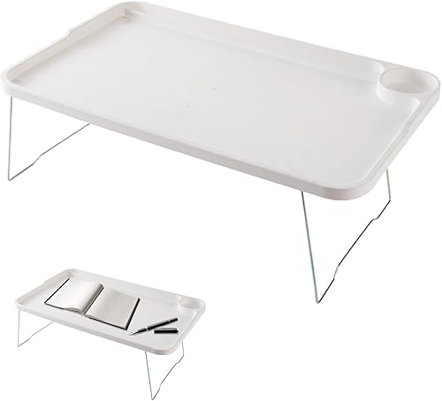 Escritorio de regazo con patas plegable para laptop, bandeja para laptop con soporte para tazas y ranura para tarjetas para desayuno, color blanco