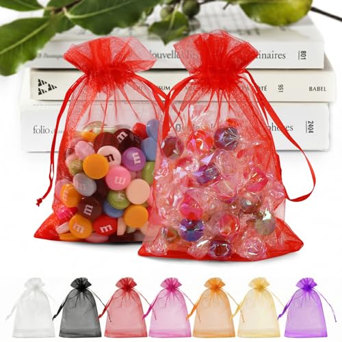 Image of ANZNKU 100PCS Premium Red Organza Bags 5x7 inches Mesh Bags Drawstring, Small Gift Bag for Christmas Easter Wedding Candy Party Favor, Cute Jewelry Pouches