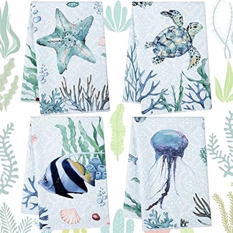 4 Pcs Beach Themed Kitchen Towels Set Cover