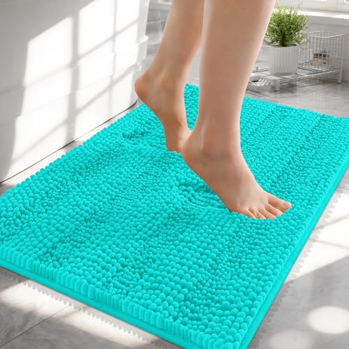 Image of OLANLY Thick Small Bathroom Rugs 24x16, Extra Soft Absorbent Chenille Striped Bath Rugs, Rubber Backing, Machine Wash, Bath Mats for Bathroom Floor, Tub and Shower, Home Decor Accessories, Teal