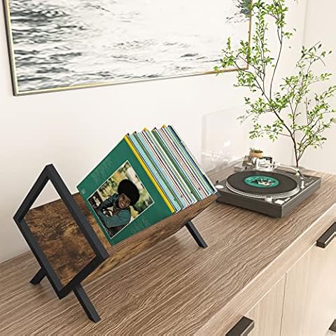 Giikin Vinyl Record Storage Holder, Holds up to 90-110 LPs, Metal and Wooden Vinyl Record Organizer Stand, Simple/Functional/Easy Assembly, Vinyl Shelf for Files/Book/Magazine /Record Rack Cover