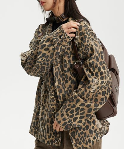 POHADON Womens Y2k Oversized Vintage Leopard Print Denim Jacket Ripped Hole Button Down Long Sleeve Coat with Pockets3