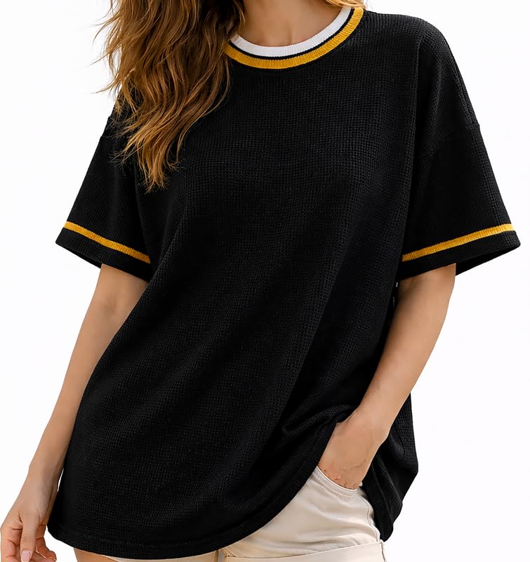 Image of London Hills Women's Waffle Texture T-Shirt | Loose Fit Casual Summer Top | Round Neck with Contrast Rib Collar & Sleeve Stripe | Soft Breathable Half Sleeve Tee