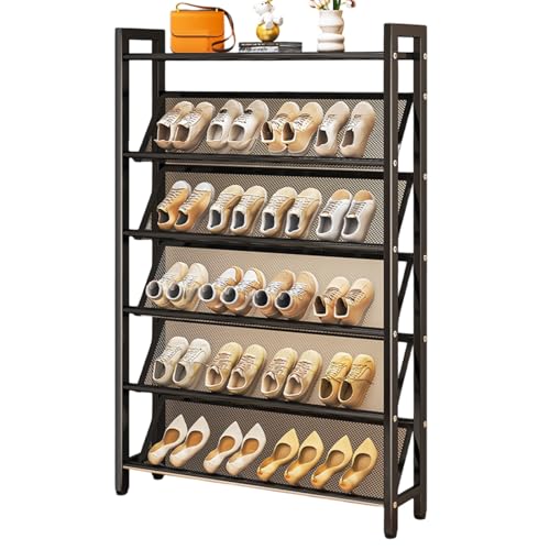 Zapatero moderno y delgado de metal para pasillo, estantes de malla inclinados y estante superior, organizador de zapatos negro para armario y puerta, 90 cm x 30 cm