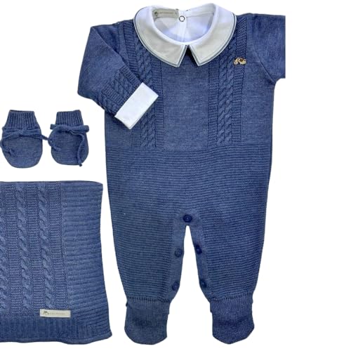 Kit Saída De Maternidade 5 Peças com Body Algodão + Macacão Tricô + Manta Tricô + Touca Tricô + Luva