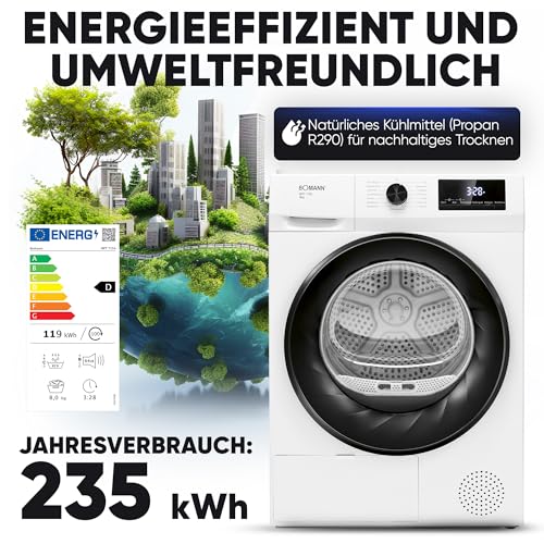 Bomann® Wärmepumpentrockner 8kg | kein Wasseranschluss nötig | Trockner m. Antiknitterfunktion | Wäschetrockner 15 Programme | Kondenstrockner | umweltfreundliches Kühlmittel R290 | WPT 7154 weiß – Bild 2