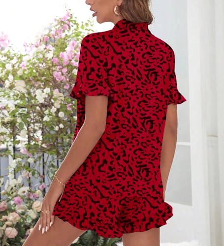 Image of SWOMOG Woman Pajama Set Short Sleeve Pjs Set 2Pcs Short Pajamas Button Down Ruffle Hem Sleepwear Soft Modal Loungewear