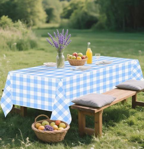 Image of SietDESEO 6 Pack Light Blue Gingham Tablecloth Rectangle 54 x 108 Blue and White Checkered Table Cloth Disposable Plaid Table Cover Plastic for Birthday Baby Shower Picnic Wedding Party Supplies
