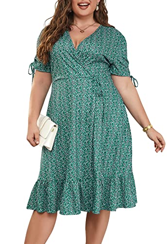 Image of Keluummi Plus Size Summer Wedding Guest Midi Dresses for Curvy Women, Floral V Neck Party Sundress
