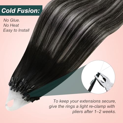 Image of Easyouth 18In Micro Loop Hair Extensions Real Human Hair Ombre, Lightweight | Micro Ring Hair Extensions Human Hair, Black Ombre Silver with Off Black Balayage, 57g 50s, for Women, for Photoshoots