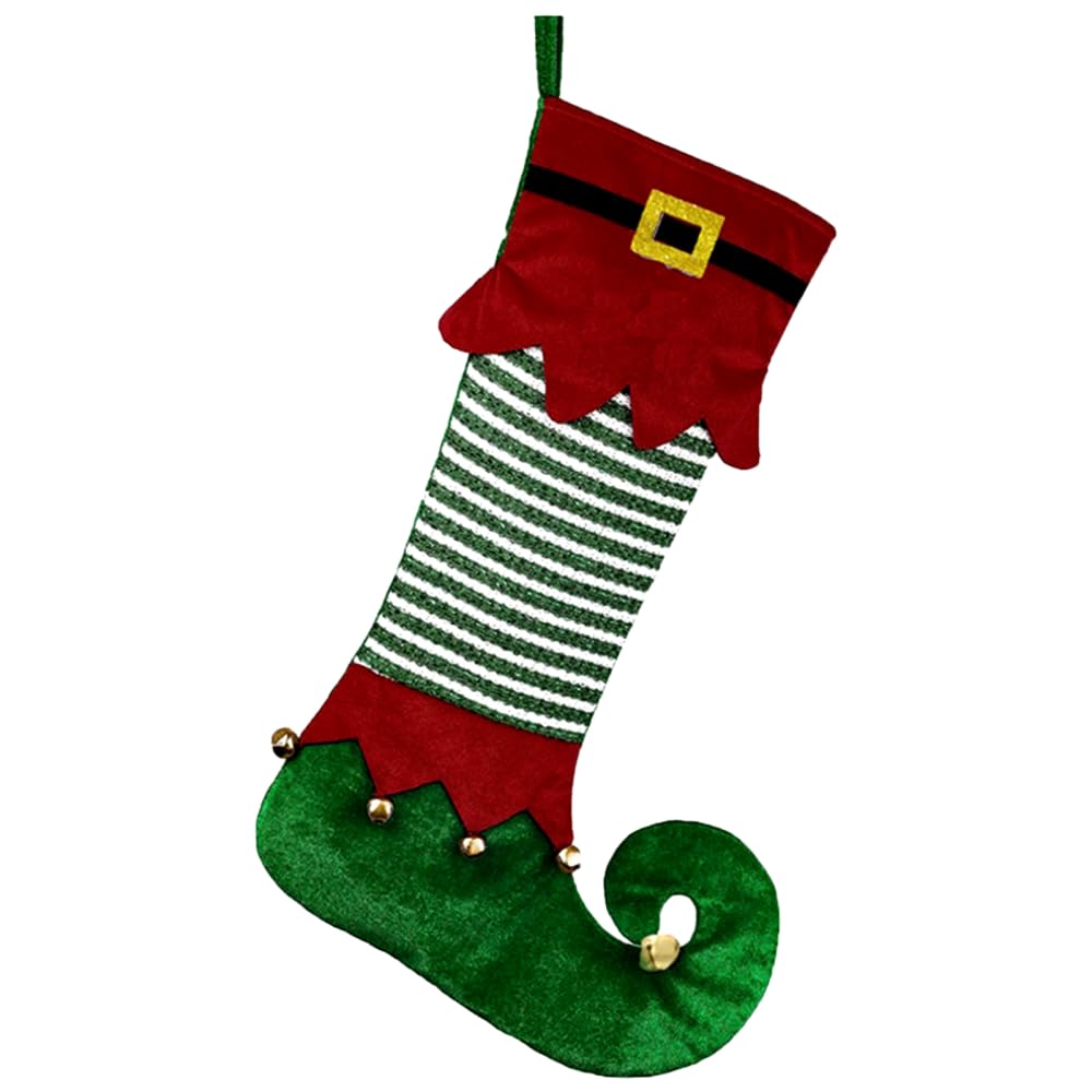 Mioyoow Green Elf Christmas Stocking, Knit Holiday Sock With Bell Decor, Custom Fireplace Hanging Stockings For Home Christmas Party Decorations