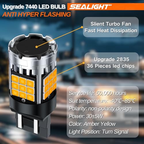 Image of SEALIGHT 7443 7440 Amber Yellow, T20 LED Bulb Amber Anti Hyper Flashing, W21W LED Bulb for Turn Signal Light Need Extra Load Resistor, Pack of 2