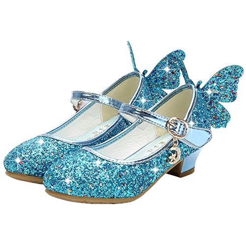YOSICIL Mädchen Prinzessin Schuhe ELSA Schmetterling Schuhe mit Absatz Pailletten Glitzer Schuhe Kinder Ballerinas Hochzeitsschuhe Partei Festschuhe Karneval Halloween Party, Blau, 25