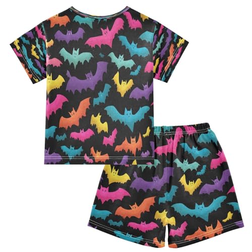 Pajama Sets Short Sleeve Colorful Bats Flying Against Black Soft Cotton Summer Sleepwear 2 Piece PJS Size 5-14T2