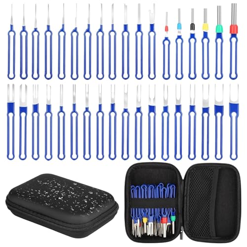 poraceous 36 Piezas Herramientas de Extracción de Terminales, Extracción de Terminales Automáticos, Extractor de Pines de Conectores de Coche con Caja, Extractor de Pines para Reparación Coches(Azul)