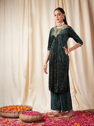 Image of Women's Velvet Floral Embroidered Straight Kurta | Round Neck Three-Quarter Sleeve Calf Length Kurti with Thread Work