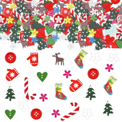 Tarqite 100 Stück Streudeko Weihnachten Holz Weihnachten Konfetti Basteln Weihnachtsdeko Holz Schneeflocke Weihnachtsbaum Knöpfen Rentier für Tischdeko Weihnachten DIY Handwerk Party Dekoration