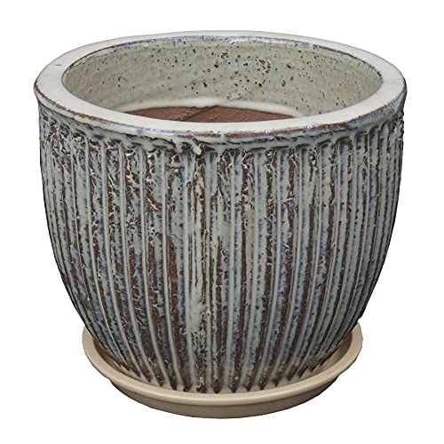 STONE art & more Pflanzgefäß Blumentopf Pflanzkübel Linea Ø 19cm Sandfarben glasiert mit Untersetzer frostfest