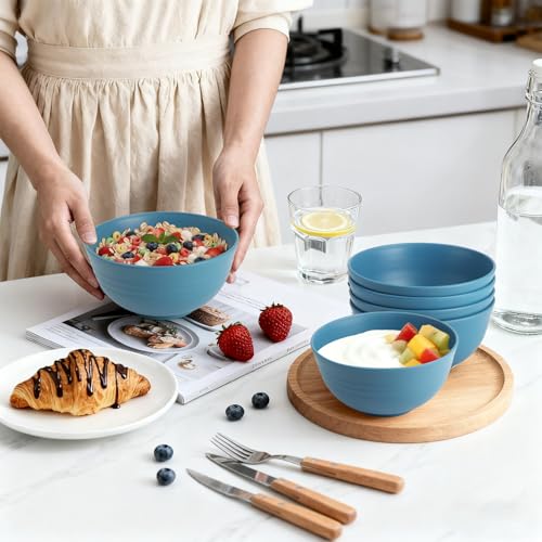 Image of 26 OZ Wheat Straw Bowls Set of 6, Reusable Plastic Kitchen Bowls, Unbreakable Bowls Set for Cereal, Salad, Snack, Soup, Ideal for Indoor & Outdoor, Microwave & Dishwasher Safe, Blue