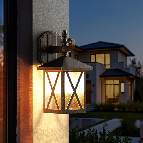 Aplique Pared Exterior, Lampara Exterior LED Vintage, Lámpara de Aluminio y Vidrio Para Exteriores, E27 Lámpara de Jardín Impermeable , sin Bombilla, Para Garaje, Iluminación de Terraza Cobre Rojo