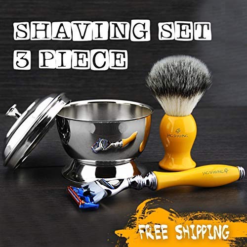 5 Edge Razor Shaving Set for Men Silver Tip Synthetic Badger and 5 Edge Razor Stainless Steel Shaving Bowl Resin Handles for Mens Wet Shave