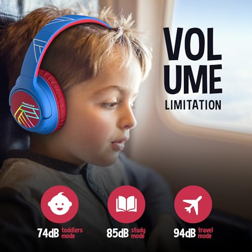 Image of PowerLocus Bobo Children's Over Ear Bluetooth Headphones, LED Lights, Foldable, Volume Limit 74 /85 /94 dB, Blue /Red