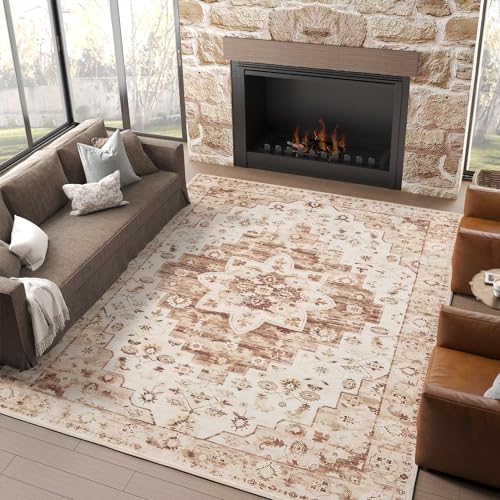 jinchan 8x10 Vintage Rug for Living Room Washable Bedroom Rug Floral Distressed Design Non Slip Thin Indoor Floor Cover Large Low-Profile Throw Carpet for Dining Room Office, Blue 8' x 10' (