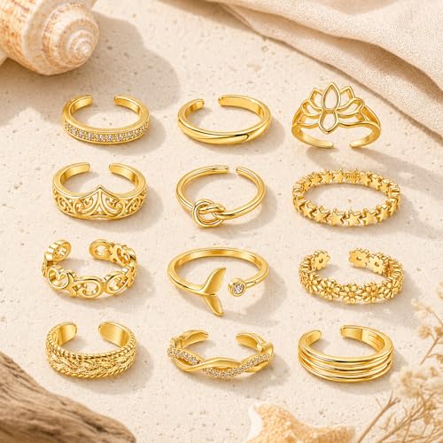 Image of 12PCS Toe Rings for Women 14K Gold /Silver Plated Adjustable Toe Ring Set Open Heart Arrow Infinity Rings Beach Foot Jewelry for Summer
