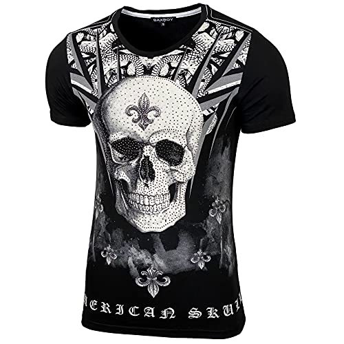 Baxboy Herren Vintage Totenkopf Kurzarm T-Shirt mit Strass Steinen Slim Fit Design Fashion Top Print Shirt JA-2312 Farbe:Schwarz Größe:S