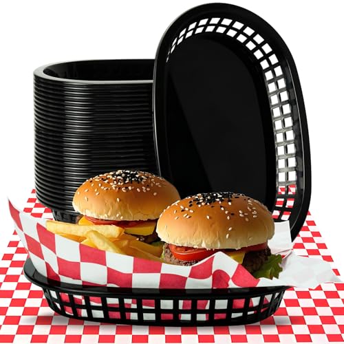 Seuqhck 18 Pcs Fast Food Baskets Black Oval Baskets with 100 Pcs Red Retro Style Checkered Deli Liner Plastic Food Serving Basket for Hot Dogs Bread Fruit Burgers Home Picnic Restaurants