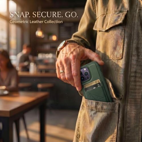 Image of amazon basics Premium Vegan Leather Back Cover with Card Holder and Integrated Mobile Stand for iPhone 14 Pro Max - Slim Shockproof Wallet Case with Geometric Stitching [Green]