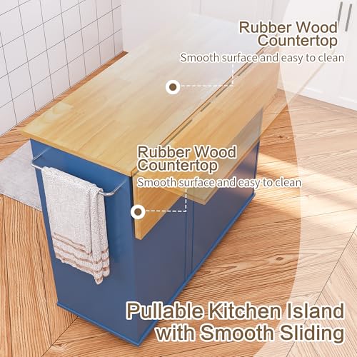 Image of SUNLEI Kitchen Island on Wheels with Storage Cabinet & Foldable Drop Leaf, Rolling Kitchen Table, Cart Handle for Towel Rack, Drop Leaf, Portable Islands for Kitchen (Classic Blue, 39.7-INCH)