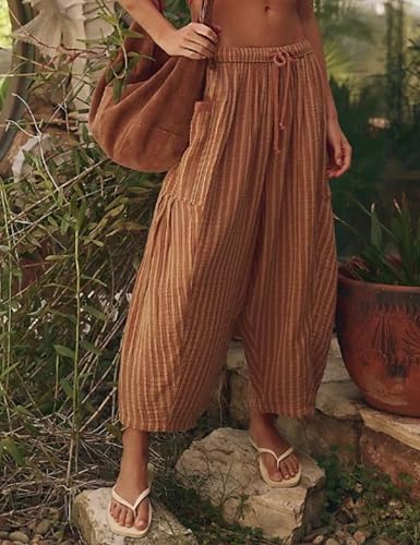 Womens Striped Lantern Harem Pants Elastic Drawstring Lounge Palazzo Pants Trousers with Pockets2