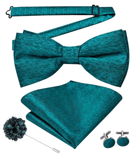 Image of Hi-Tie Teal Men Bowtie Lapel Pin Sets Pre-Tied Handkerchief Cufflinks Mens Bowtie Sets for Wedding Formal Party