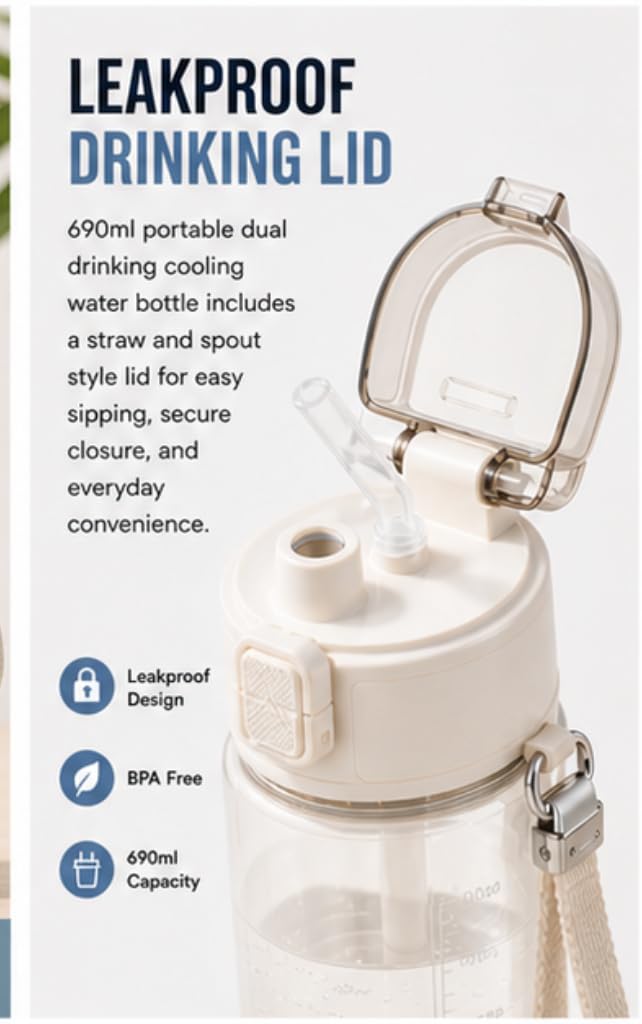 Borraccia 2 in 1 con ventola pieghevole integrata, 690 ml, portatile, doppia borraccia refrigerante, 3 velocità, ricaricabile tramite USB, coperchio con cannuccia a prova di perdite, per viaggi e
