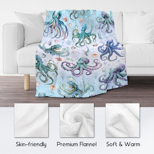 Octopus Blanket for Women, Cute Soft Gifts for Ocean Lovers, Cozy Flannel Throw for Bed Living Room, 60"x80"