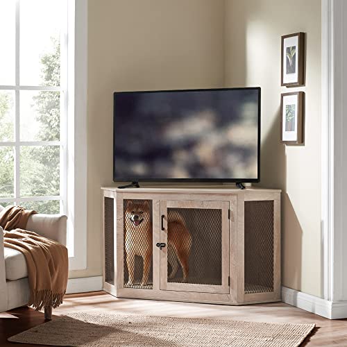 unipaws Large Corner Dog Crate with Cushion, Dog Kennel with Wood and Mesh, Dog House, Pet Crate Indoor Use, Weather Grey - Image 3