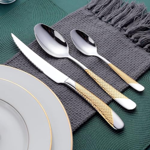 Image of Sterling Silver with Gold Handle French Style Sterling Silverware Set | 5-Piece Hammered Flatware Set | Stainless Steel Cutlery Set | Perfect for Home, Restaurant & Luxury Gifting