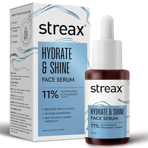Streax Hydrate & Shine Face Serum, 30ml|11% Hyaluronic Acid|Serum for Glowing Skin |Instant Glow, Deep Hydration & Brightening in 3 Days|Glass Skin Finish|Clinically Tested| All Skin type