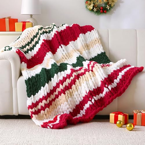Mooreeke Christmas Holiday Chunky Knit Blanket 50"x60", Soft Chenille Throw Blanket 100% Handmade Crochet Gift Blankets with Chenille Yarn for Couch Bed Sofa Room Decor, Striped Red and Gree...