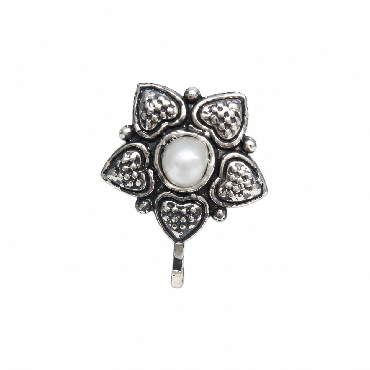 Jewellery Trendy Oxidised silver finishing Pearl stud floral Heart Design Nose Pin | Ring | Without Piercing | Adjustable | Nose Ring | Nathiya|Nathani | For Festival |Navratri For womens & Girls.-picture-33