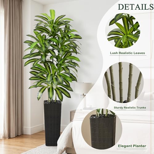 Image of Artificial Dracaena Tree Indoor, 7FT Tall Fake Floor Plants with Black Planter & Pebbles, Faux Silk Yucca Tree for Home Office Living Room Bedroom Farmhouse Modern Outdoor Topiary Tree