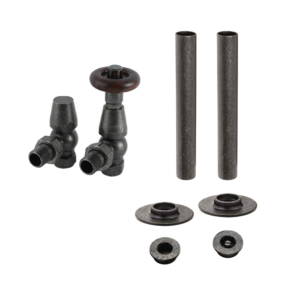 Milano Pewter Angled Heated Towel Rail Radiator Thermostatic Lockshield Valve Pipe Sleeve Kit