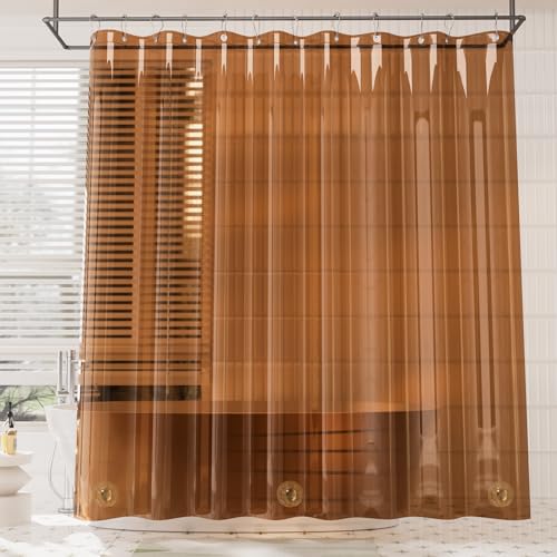 Image of AmazerBath Premium EVA Shower Curtain Amber, Luxury Clear Brown Jelly-Like Soft Waterproof Shower Curtain with 3 Weighted Stones and 12 Grommets, Recyclable Packaging