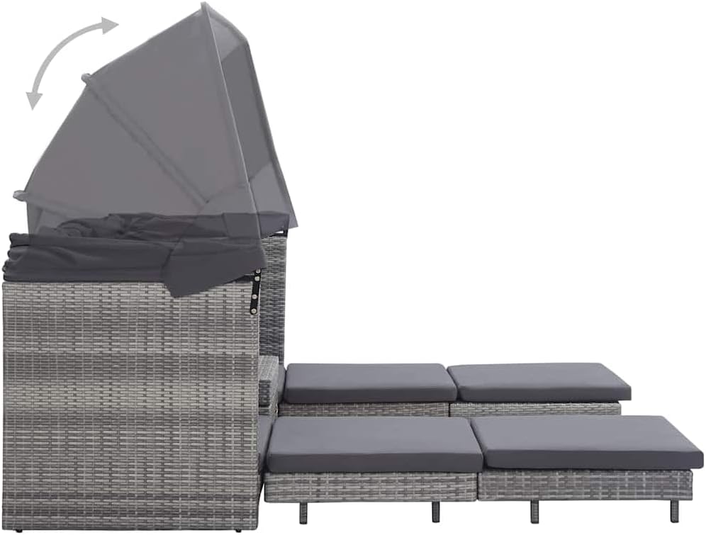 Extendable 3-Seater Sofa Bed Gray Poly Rattan Roof Versatile Attractive for Outdoor Seating Patio Decor