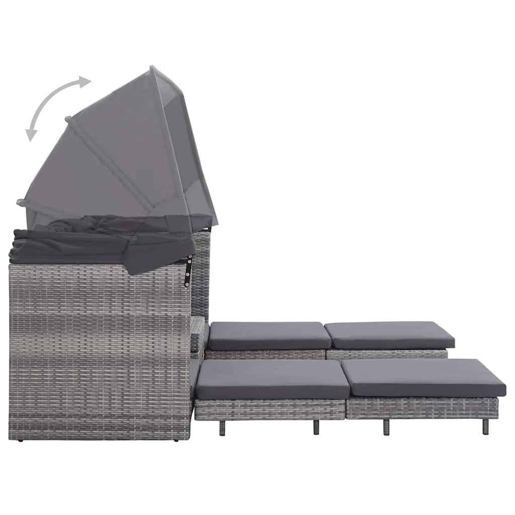 Sofá cama extensible de 3 plazas con techo de poliratán gris resistente a la intemperie, marco de acero y cómodo cojín acolchado para jardín y patio, incluye protección solar