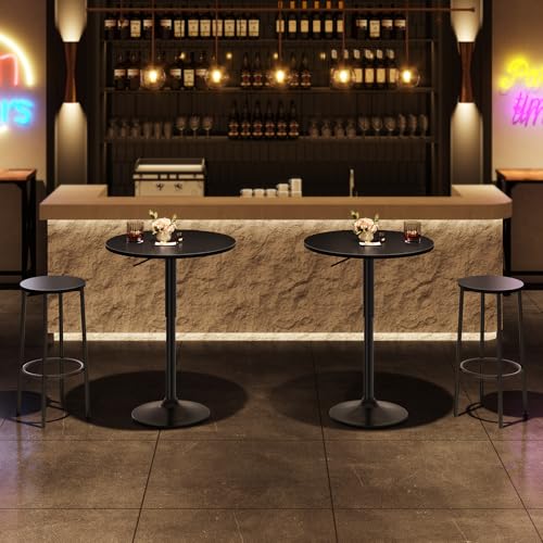 Image of HOOBRO 2 Pcs Bar Table, Height-Adjustable Round Pub Table 27-35.4 Inches with Sturdy Base, Modern Style Bar Table Easy Assembly with Metal Base for Pub, Party and Small Places, Black BK58BTP201G1N1